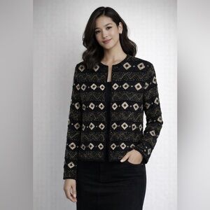 Papell Boutique Black and Gold Geometric Beaded 100% Silk Jacket